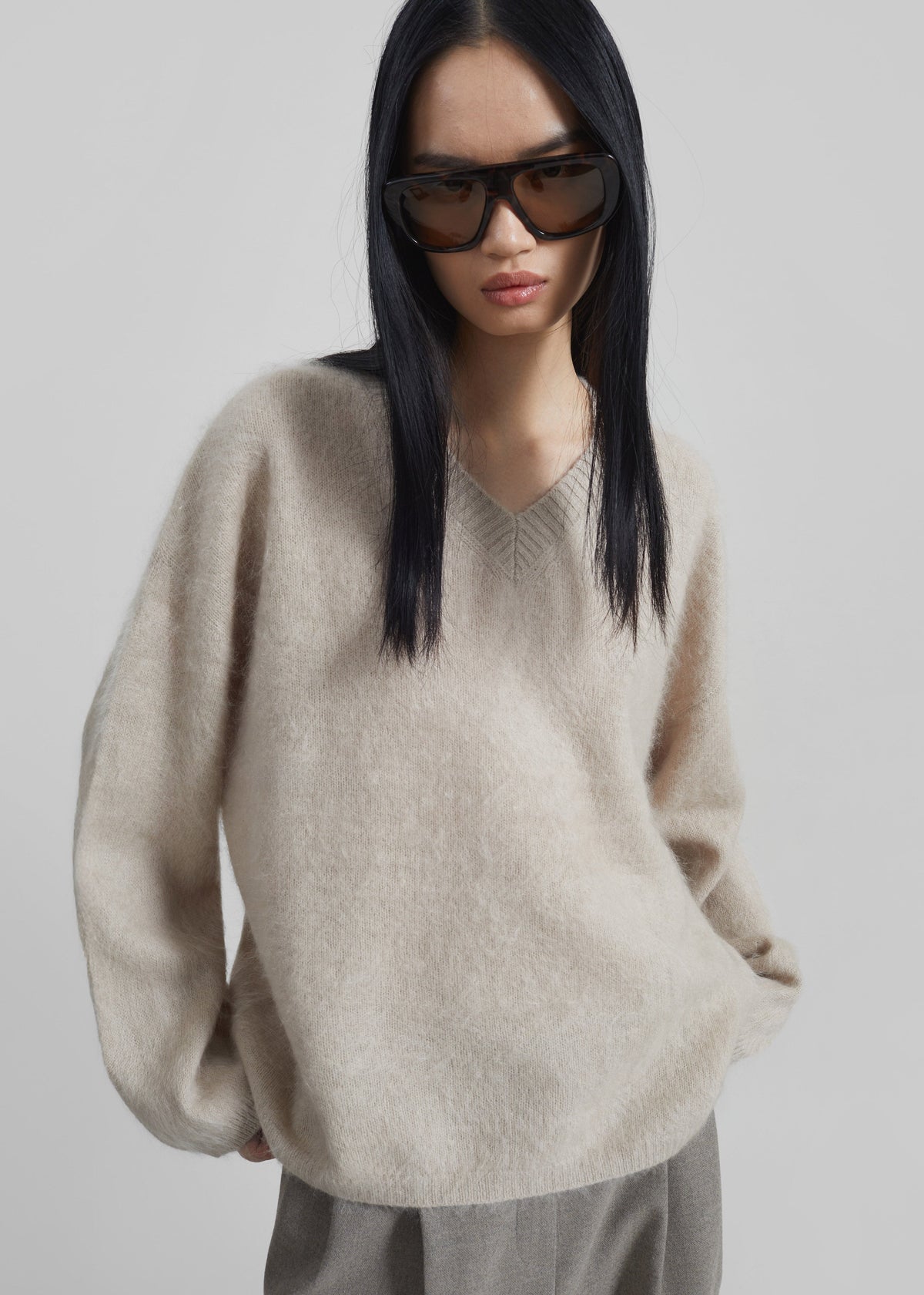 Vilhena Wool Fuzzy V-Neck Sweater - Beige – view 1 of 7
