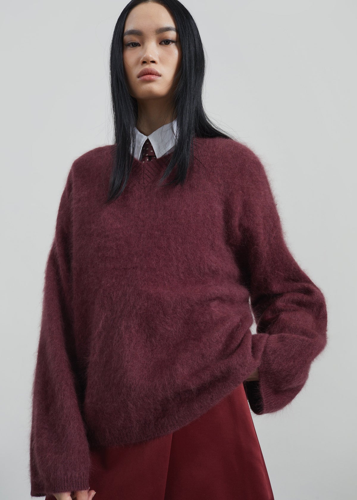 Vilhena Wool Fuzzy V-Neck Sweater - Burgundy – view 6 of 13