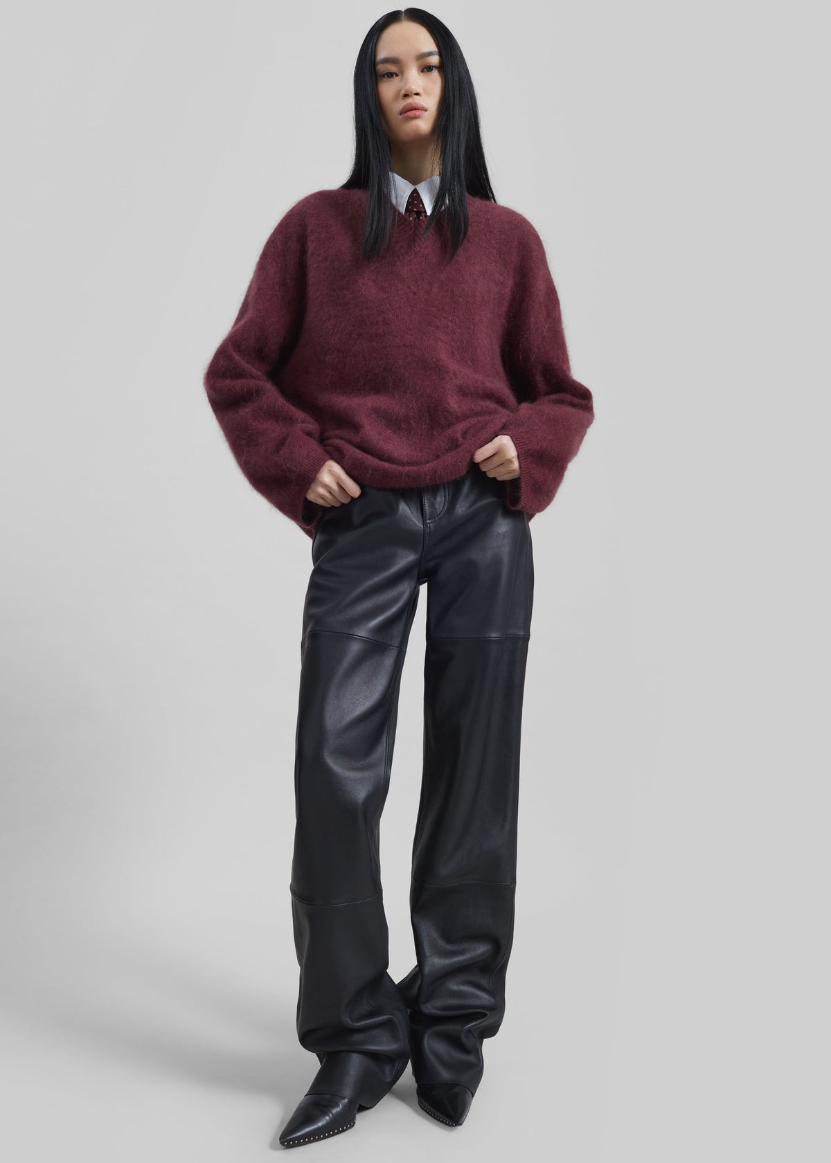 Vilhena Wool Fuzzy V-Neck Sweater - Burgundy – view 2 of 13