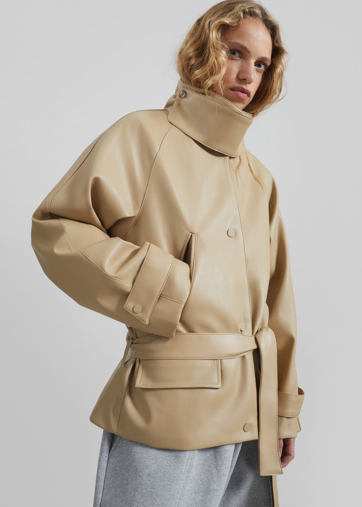 Viran Faux Leather Belted Jacket - Beige – view 4 of 8