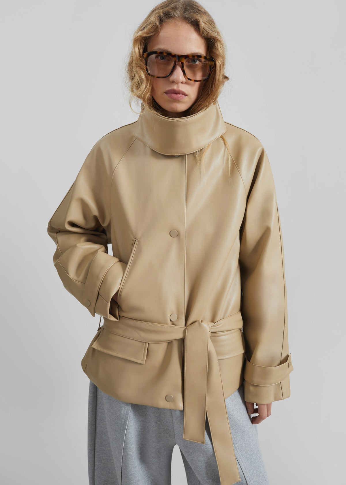 Viran Faux Leather Belted Jacket - Beige – view 2 of 8