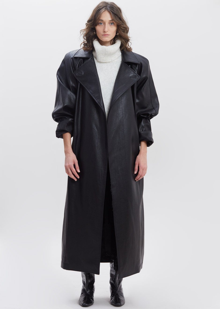 Oversized Box Shoulder Faux Leather Trench in Leather Coat Paper Moon – view 10 of 11