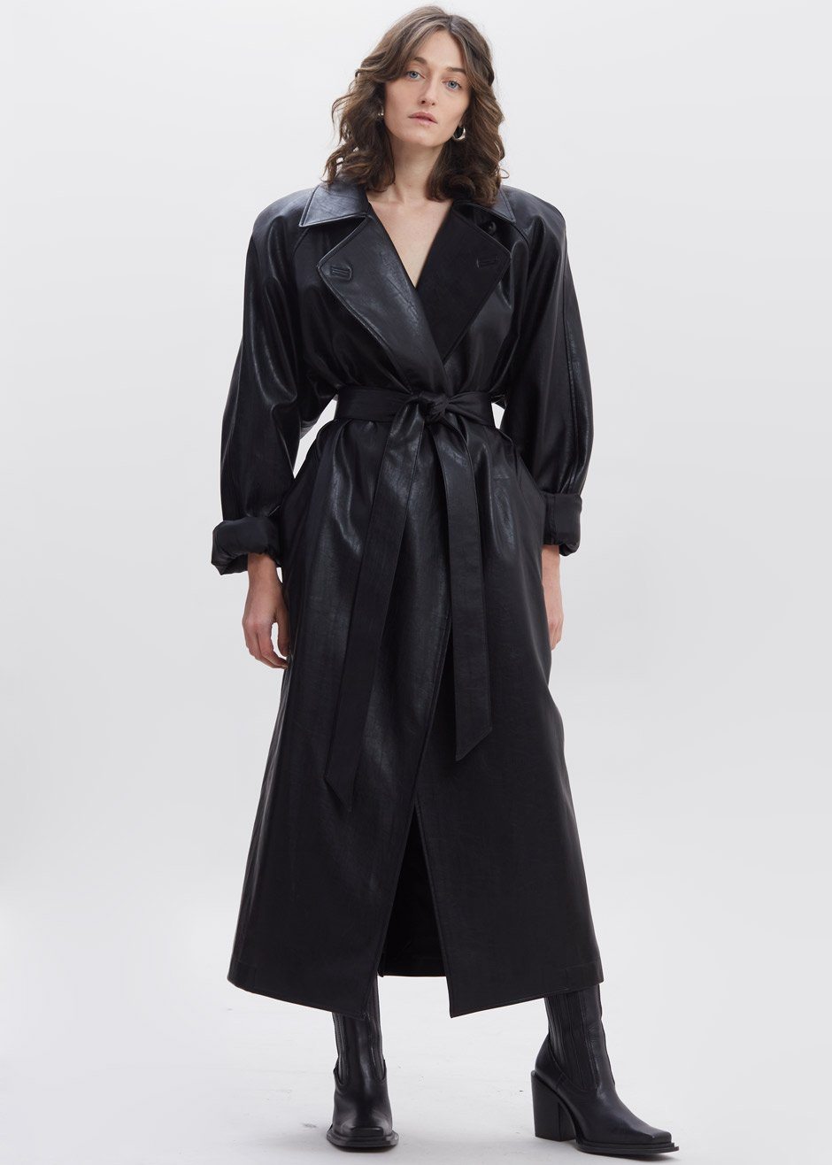 Oversized Box Shoulder Faux Leather Trench in Leather Coat Paper Moon – view 4 of 11