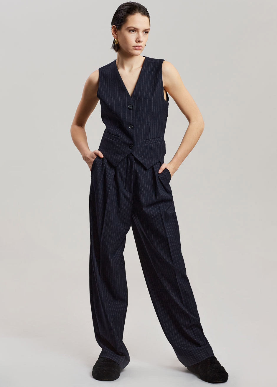 Tansy Pleated Trousers - Navy Pinstripe Pants Nickishop – view 8 of 12